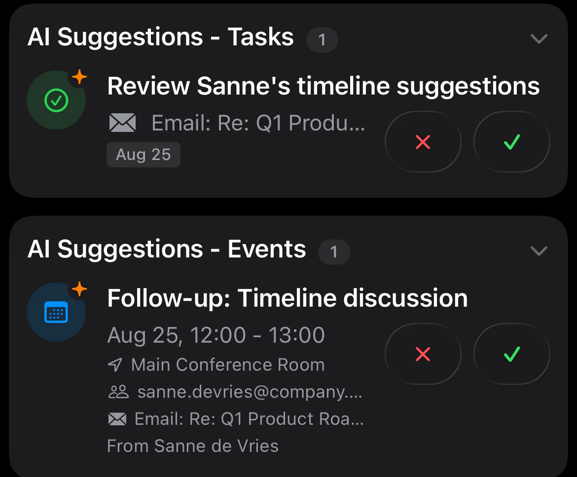 Two suggestion cards extracted from the email shown at left. “AI Suggestions - Tasks”: “Review Sanne’s timeline suggestions”, due the following Tuesday. “AI Suggestions - Events”: “Follow-up: Timeline discussion”, that Tuesday from 12:00 to 13:00 in the Main Conference Room with sanne.devries@company.com. Each card cites “Re: Q1 Product Roadmap Review” and offers skip and confirm buttons.