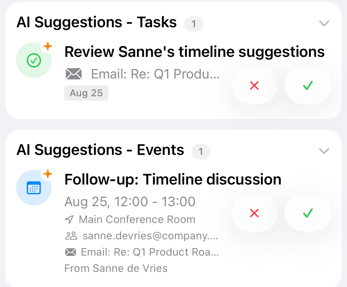 Two suggestion cards extracted from the email shown at left. “AI Suggestions - Tasks”: “Review Sanne’s timeline suggestions”, due the following Tuesday. “AI Suggestions - Events”: “Follow-up: Timeline discussion”, that Tuesday from 12:00 to 13:00 in the Main Conference Room with sanne.devries@company.com. Each card cites “Re: Q1 Product Roadmap Review” and offers skip and confirm buttons.